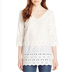 Dylan Botanical Blooms 100% Cotton White Eyelet Tunic Top Cottagecore XS Boho